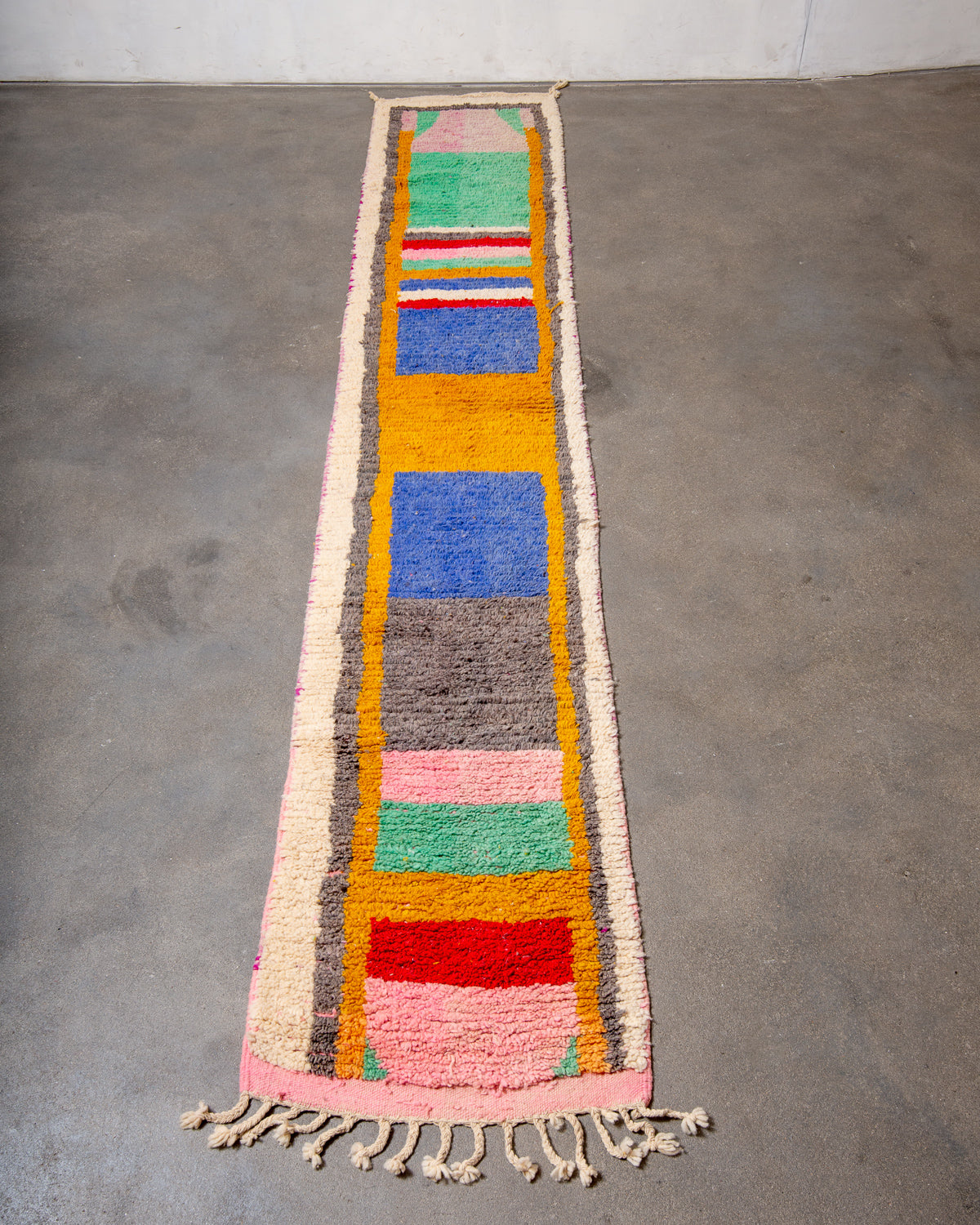 Modern, designer, handcrafted Berber runner rug from Morocco. Vintage carpet with beautiful colours and patterns and fluffy texture.